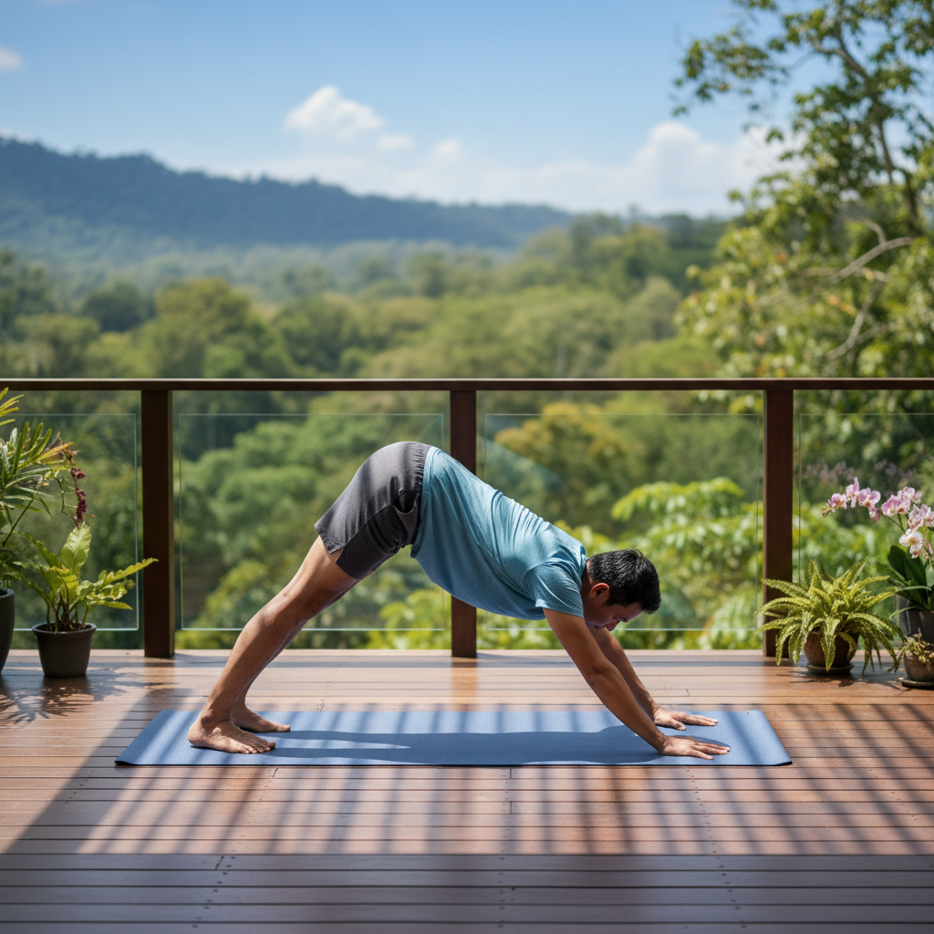 Pria dewasa melakukan yoga ringan di teras rumah dengan latar alam hijau