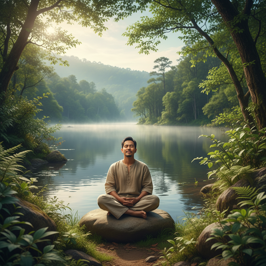Pria duduk tenang di tepi danau dikelilingi alam hijau, mencerminkan ketenangan batin