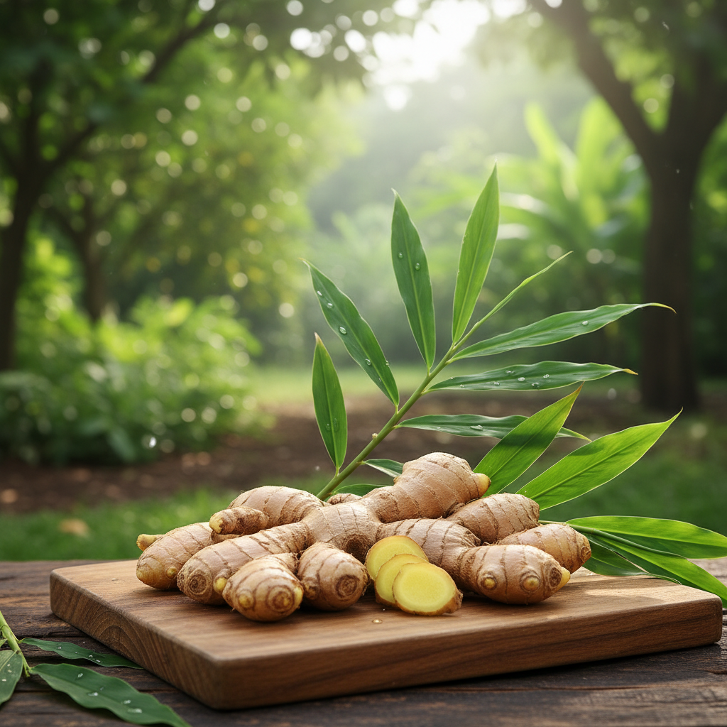 Rimpang jahe segar dengan daun hijau di latar alam